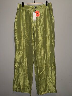 Cider Olive Satin Straight-Leg Pants